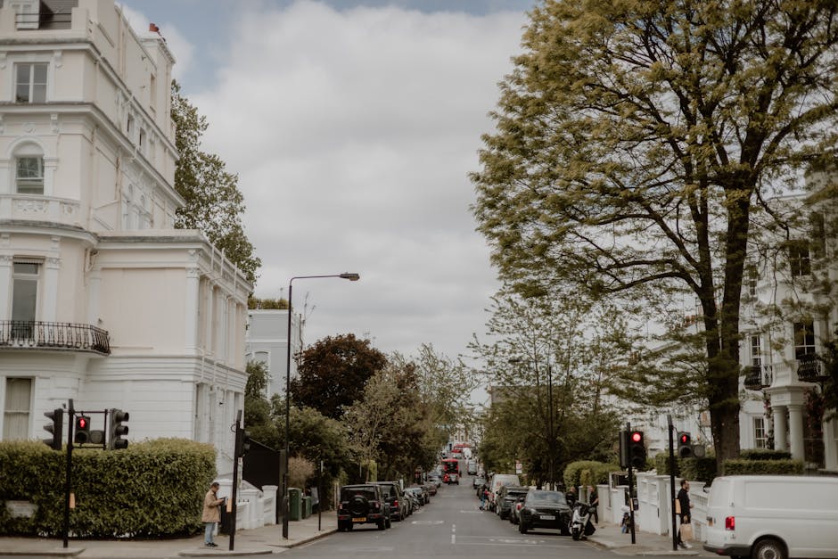 A wide street scene featuring white residential buildings with classic architectural details, including arched windows, balconies, and decorative moldings. Tall trees with green and autumnal foliage l