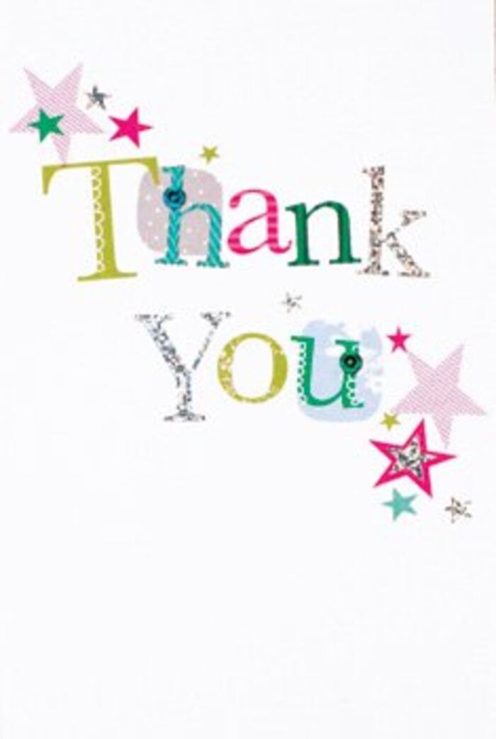 This thank you card's graceful lettering forms a tableau of quietly exuberant gratitude-each character unique as the varied blooms found in Chiswick's front gardens. Some letterforms dance with dots and carefree curves, while others flow with elegant strokes, all painted in a palette that marries lime green, bold fuchsia, and tranquil blue. Nearby, vibrant stars-dappled with pink stripes, filled with azure turquoise, or shining silver-huddle closely to the words, like blessings sprinkled with a florist's care. The design remains airy and contemporary, with a soft sparkle animating the tidy white background, much like the gentle sunlight that glimmers over Chiswick's leafy avenues. Neither ostentatious nor subdued, the card hits the perfect note for a community rooted in warmth and neighbourliness. This is a thank you designed for any occasion-from generously shared allotment harvests to thoughtful W4 gestures-made even more special when paired with a bespoke bouquet expertly arranged for local delivery. Its sophisticated yet inviting style pays tribute to the creativity and heartfelt thanks so embedded in Chiswick life.